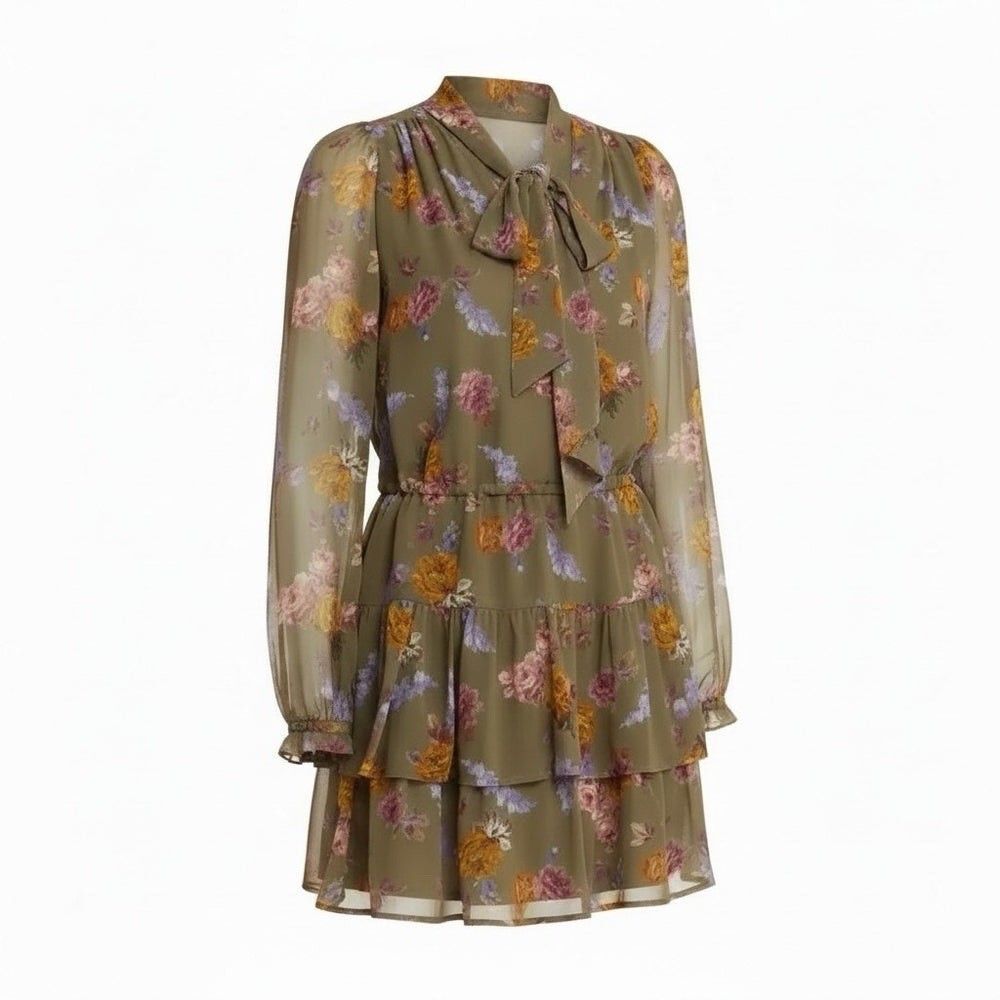 PAIGE Olive Floral V-Neck w Tie Airy Silk Chiffon Sleeve & Ruffle Dress M